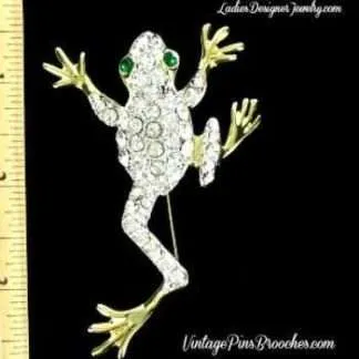 Vintage Pave Diamond Crystal Large Frog Pin Brooch, Ladies Designer Jewelry Frogs