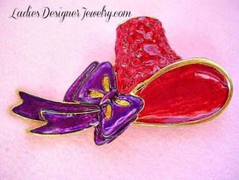 Vintage Red Purple Enamel Ruby Red Rhinestone Gold Plate Hat Brooch Pin, Red Hat Society Designer Fashion Jewelry Pins Brooches, NJ8