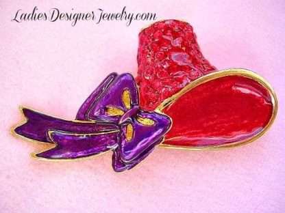 Vintage Red Purple Enamel Ruby Red Rhinestone Gold Plate Hat Brooch Pin, Red Hat Society Designer Fashion Jewelry Pins Brooches, NJ8