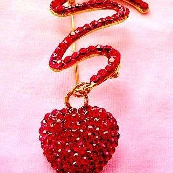 Vintage Ruby Red Rhinestone Dangling Heart Brooch Pin, Valentine Day Hearts Brooches Pins Jewelry