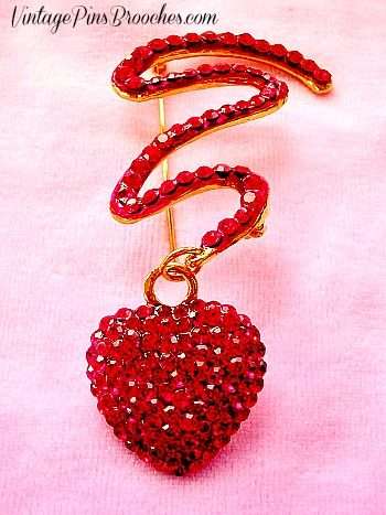 Vintage Ruby Red Rhinestone Dangling Heart Brooch Pin, Valentine Day Hearts Brooches Pins Jewelry