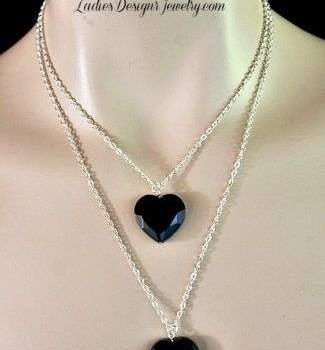 Vintage Double Chain Black Onyx Heart Necklace 2 Hearts, Ladies Designer Fashion Necklaces Jewelry Love