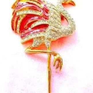 Vintage Pink Enamel Pave Diamond Rhinestone Flamingo Brooch Pin, Tropical Bird Flamingos Brooches