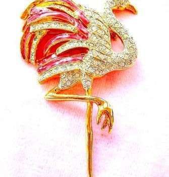 Vintage Pink Enamel Pave Diamond Rhinestone Flamingo Brooch Pin, Tropical Bird Flamingos Brooches