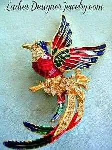 Vintage Hummingbird Pin Brooch Rhinestone Handpainted Red Green Jewelry