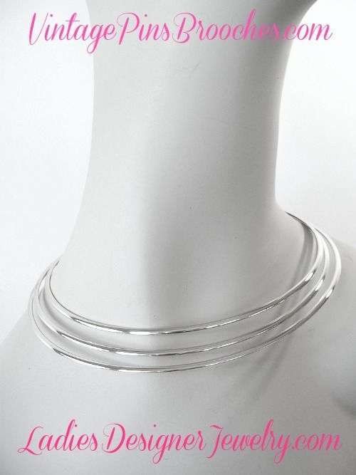 Vintage Collar Choker Three Tier Torque Silver Tone Necklace, Ladies Designer Fashion Cuff Necklaces Jewelry