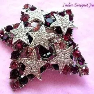 Vintage Art Deco Purple Amethyst Pave Diamond Shooting Large Star Brooch Pin, Stars Designer Jewelry Estate
