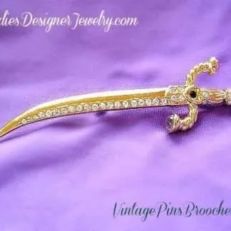 Women's Gold Plate Green Simulated Opal Diamond Rhinestone Vintage Sword Pin Brooch, Christian Religious Swords Brooches Pins