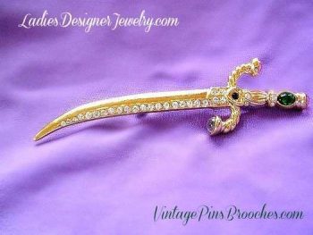 Women's Gold Plate Green Simulated Opal Diamond Rhinestone Vintage Sword Pin Brooch, Christian Religious Swords Brooches Pins