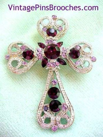 Vintage Large Amethyst Purple Cross Brooch Pin Pendant
